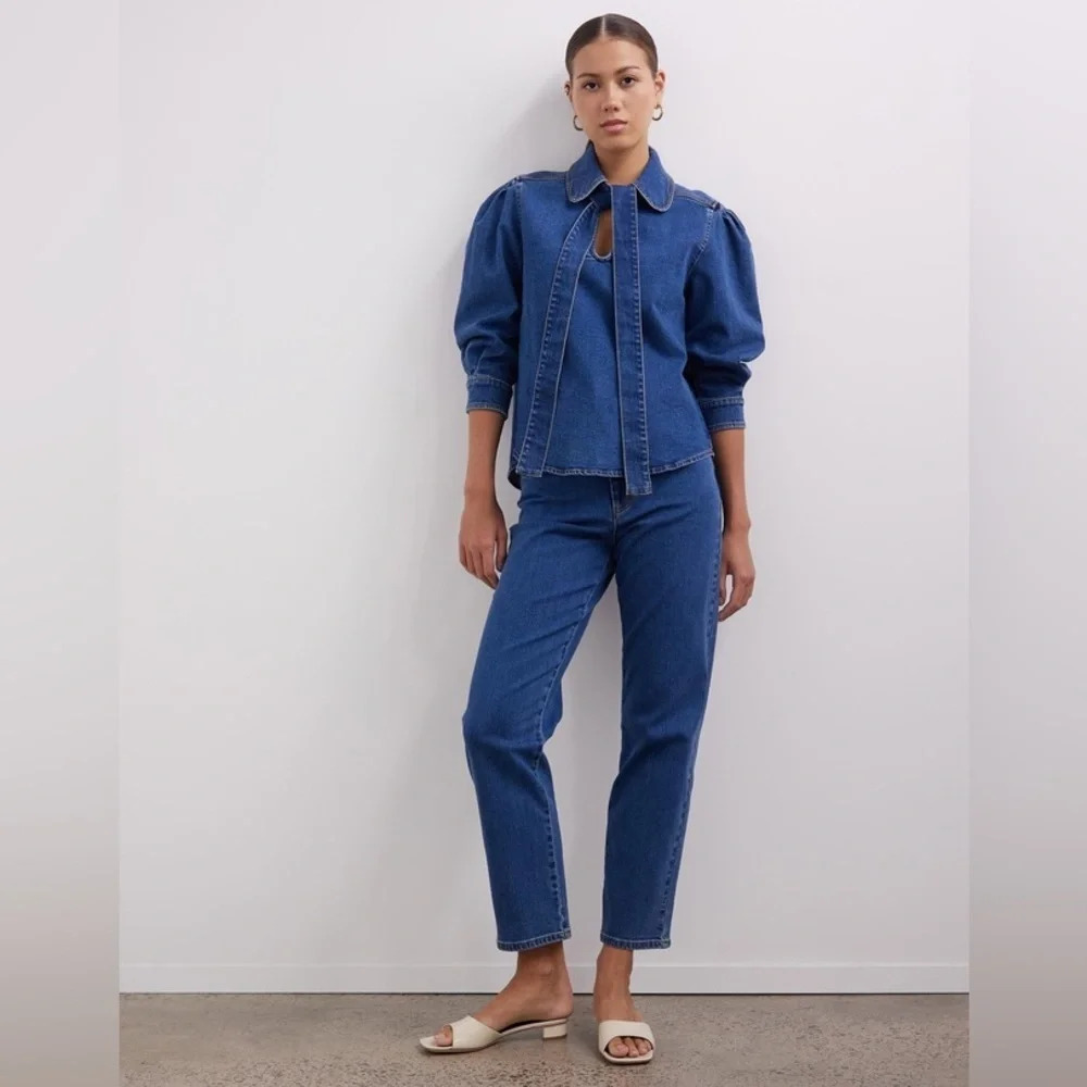 SEE BY CHLOE Tie-Neck Shirt Denim Jeans Blouse Top Preppy Puff Sleeve US 8 - Picture 3 of 16